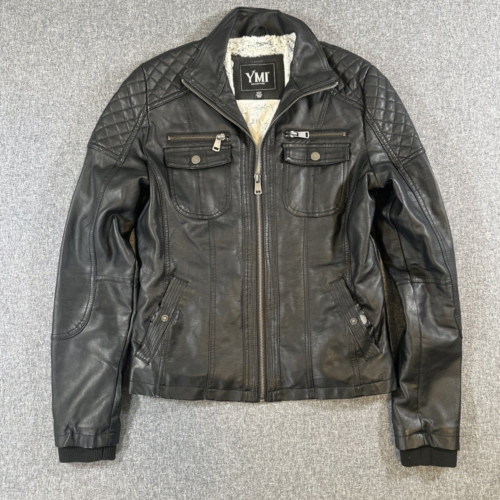YMI Faux Leather Moto Jacket Sherpa Lined Black Women's Small S Motorcycle‎